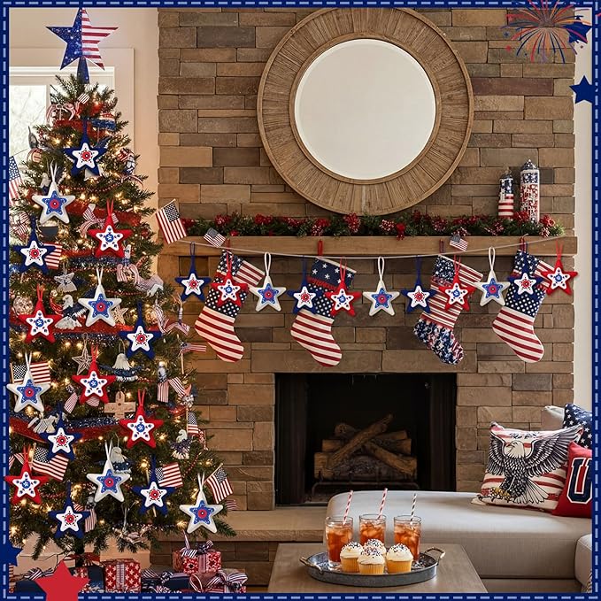 Soulchen 12 Pcs Red White Blue Ornaments Patriotic Felt Star Hanging Ornaments 4th of July Stuffed Star Hanging Decor for 250th Anniversary Memorial Independence Day Farmhouse Party