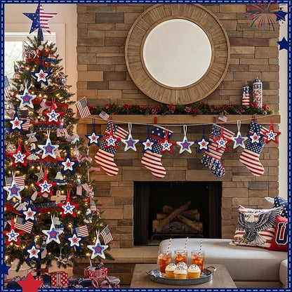 Soulchen 12 Pcs Red White Blue Ornaments Patriotic Felt Star Hanging Ornaments 4th of July Stuffed Star Hanging Decor for 250th Anniversary Memorial Independence Day Farmhouse Party