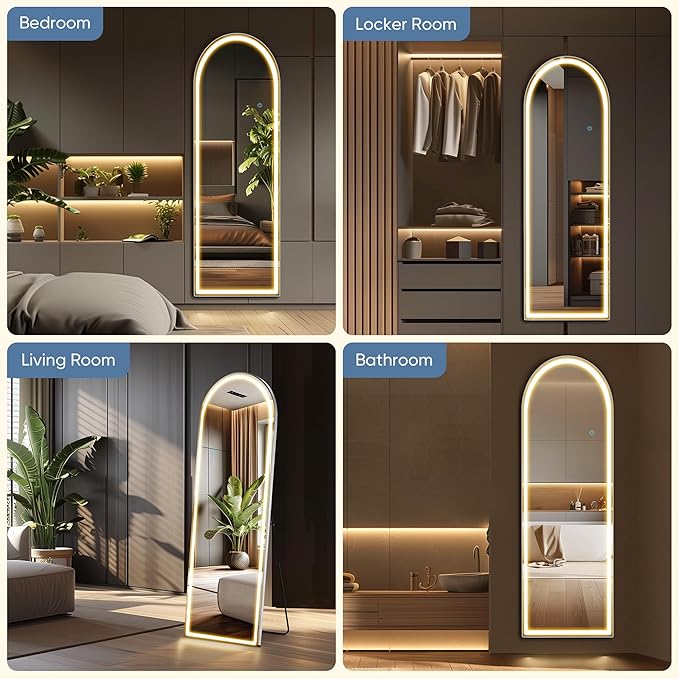 DUMOS Arched LED Full Length Floor Mirror, 63"×20" Full Body Standing Mirror with Lights, 3 Color Lighting, Hanging or Leaning, Wall Mounted, Modern Simple Home Wall Decor, White