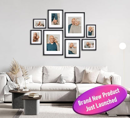 8 Piece Shadow Box Style Gallery Wall Frame Set – Deep Photo Frame Set with Mat for 8x10, 5x7 and 4x6 - Multiple Sizes Picture Frame Set for Wall Collage – Assorted Picture Frames for Wall (Black)