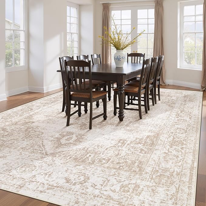 Area Rug 10x12 Vintage Rug: Large Washable Indoor Medallion Rugs Low Pile Distressed Floor Carpet Retro Accent Rug for Living Room Bedroom Dining Room Home Office(Beige, 10'x12')