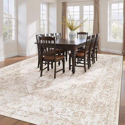 Area Rug 10x14 Vintage Rug: Large Washable Indoor Medallion Rugs Low Pile Distressed Floor Carpet Retro Accent Rug for Living Room Bedroom Dining Room Home Office(Beige, 10'x14')