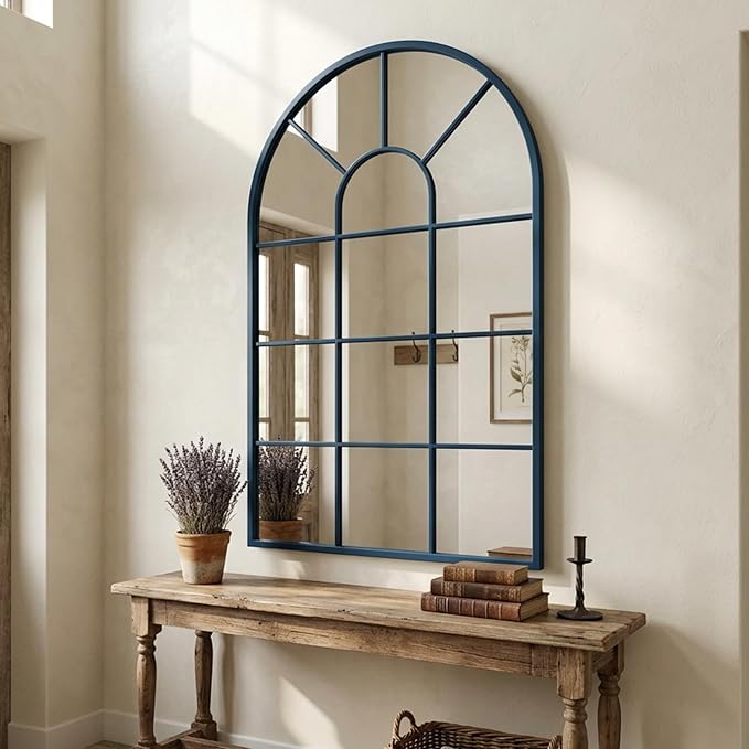 Blue Framed 48x28Inch Arched Window Pane Mirror| Arched Mirrors for Wall & Floor | Arch Mirror Full Length for Entryway Living Room & Bedroom | Oversized Mirrors | Wall Art Decorative |Farmhouse