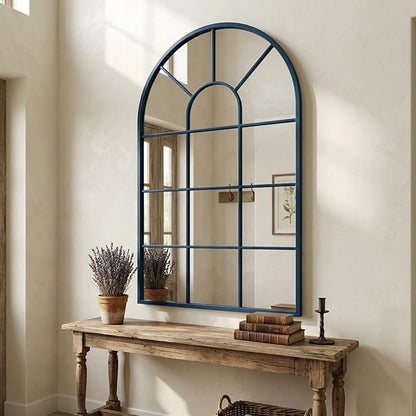 Blue Framed 48x28Inch Arched Window Pane Mirror| Arched Mirrors for Wall & Floor | Arch Mirror Full Length for Entryway Living Room & Bedroom | Oversized Mirrors | Wall Art Decorative |Farmhouse