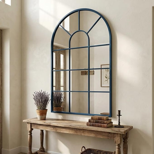 Blue Framed 48x28Inch Arched Window Pane Mirror| Arched Mirrors for Wall & Floor | Arch Mirror Full Length for Entryway Living Room & Bedroom | Oversized Mirrors | Wall Art Decorative |Farmhouse