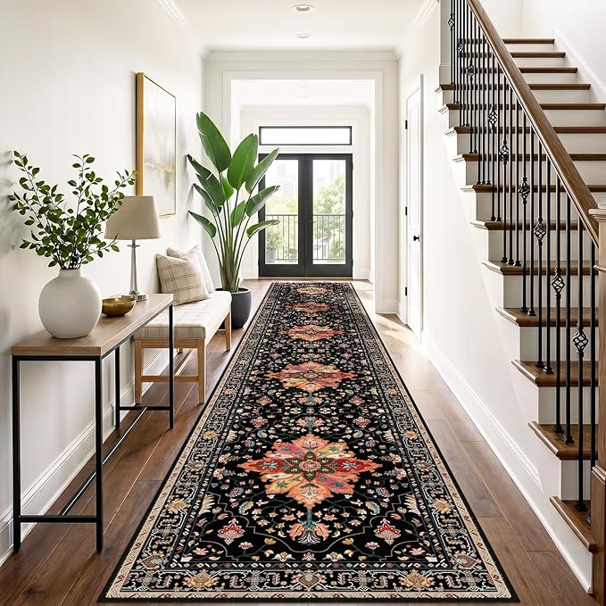 RELEANY Area Rugs 3'x20' Runner Rug Non Slip Washable for Kitchen Hallway Bedroom Beside Laundry Room Bathroom Rug, Floor Carpet, Black Colorful Floral Dark Tan