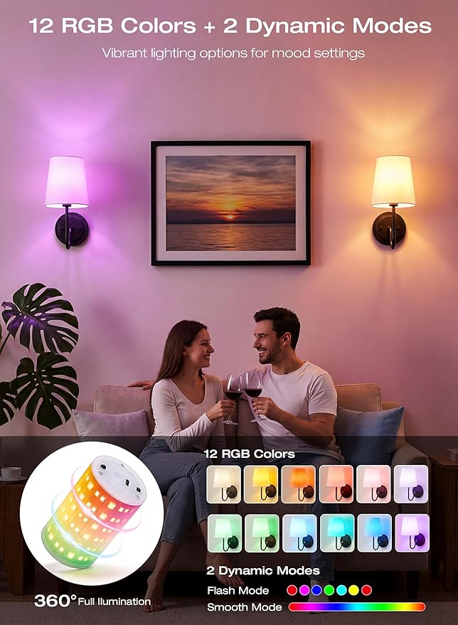 CLOUDY BAY 10000mAh Battery Operated Wall Sconces,Up to 100 Hours with Rechargeable RGB Dimmable Magnetic Bulb,Cordless Wall Lighting Fixtures with Remote for Bedroom,Black,2 Pack-12inch