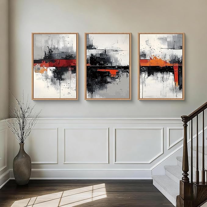 HOURIA Modern Abstract Framed Canvas Wall Art Set,Neutral Black and Orange Wall Decor,Textured Gray White Wall Painting,Pastel Strokes Art Prints for Living Room, Bedroom, Farmhouse-24 x36 x3