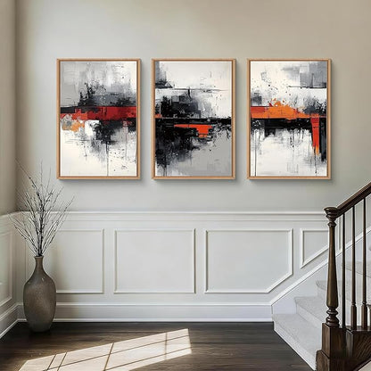 HOURIA Modern Abstract Framed Canvas Wall Art Set,Neutral Black and Orange Wall Decor,Textured Gray White Wall Painting,Pastel Strokes Art Prints for Living Room, Bedroom, Farmhouse-24 x36 x3