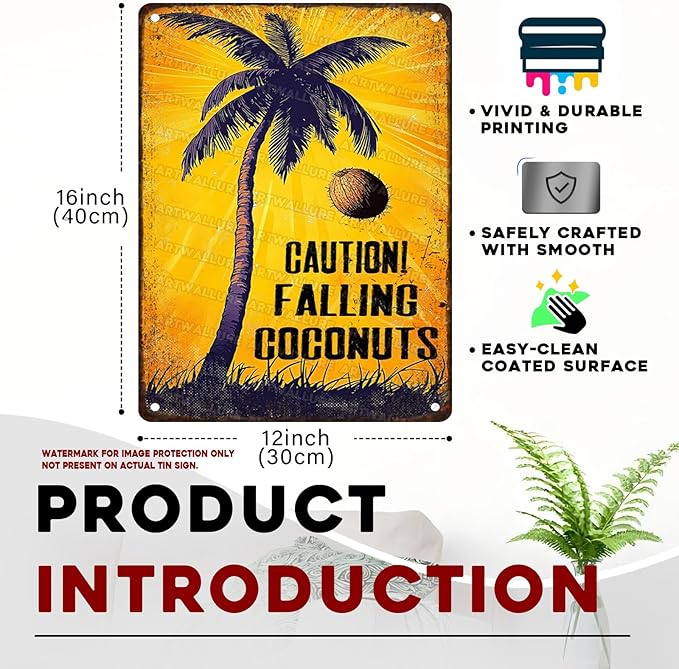 Coconuts Vintage Sign Caution! Falling Coconuts Metal Tin Sign for Lounge Welcome Pool Hot Tub Happy Hour Island Décor 12x16inch