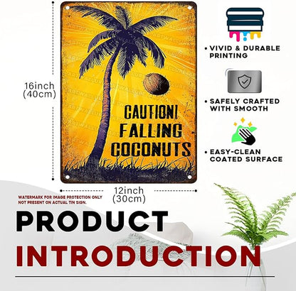Coconuts Vintage Sign Caution! Falling Coconuts Metal Tin Sign for Lounge Welcome Pool Hot Tub Happy Hour Island Décor 12x16inch