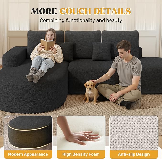 112" Modern Curved Cloud Couch, Chenille Boneless Couches for Living Room with Deep Seat, Memory Foam Compressed Modular Sectional Sofa, No Assembly Required,Black 1 PCS