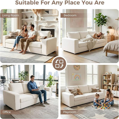 ELUCHANG 85" Modern Couches for Living Room, Natural Linen 3 Seat Sofa, Comfy Deep Seat Sofa, Spring Cushions, Removable Cover, Solid Wood Frame, Easy Assembly Loveseat for Small Space, Beige, 2PCS