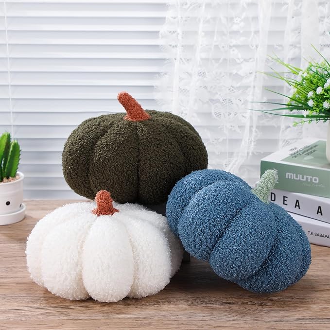 Namalu 3 Pcs Thanksgiving Pumpkin Pillows 3D Throw Cushion Soft Sofa Pillows Stuffed Pumpkin Decoration for Fall Winter Living Room Home Christmas Thank You Gifts(7.87 Inch,White, Green, Blue)