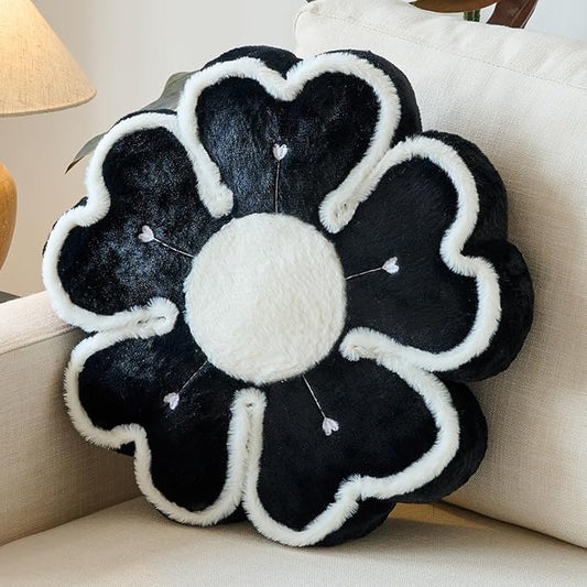 Flower Shaped Decorative Throw Pillow Cushion for Bed Couch, Cute Flower Plush Throw Pillows Home Decor Floor Pillow Seating Cushions (Black, 17.7 Inches)