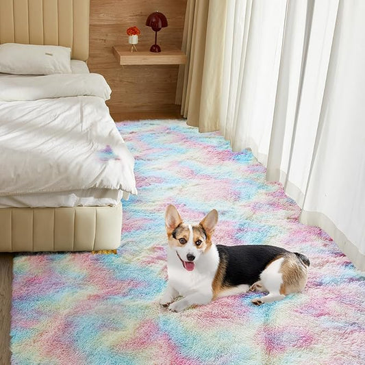 Ultra Soft Rug for Living Room, 5X8 Fluffy Shag Area Rug for Bedroom, Modern Shaggy Carpets Fuzzy Rug for Teens Dorm Nursery Home Decor Aesthetic, Upgrade Anti-Skid Durable, Rainbow