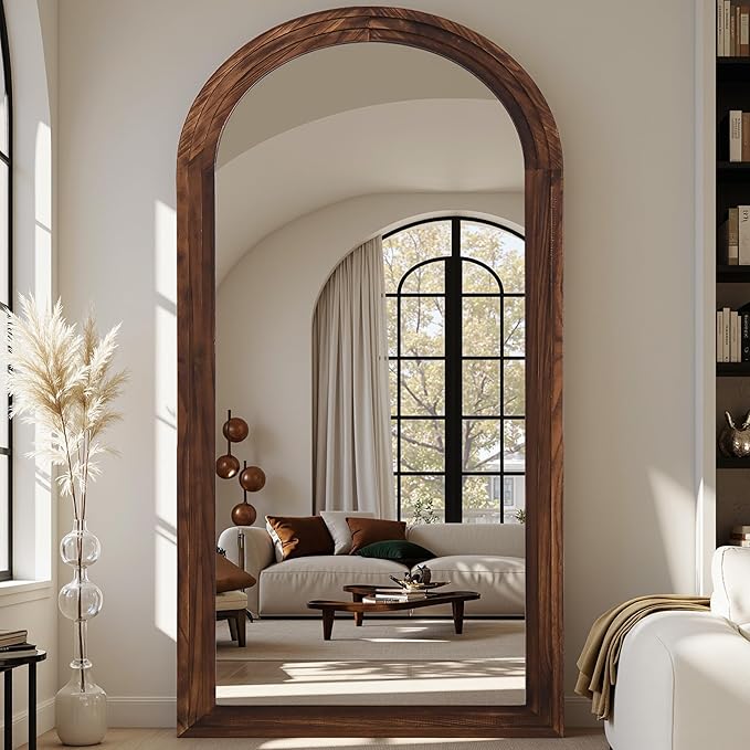 Full Length Mirror, 81"x41" Wooden Mirror Full Length with Stand Wood Floor Mirror, Oversized Stand Up Mirrors Large Wall Mirrors, Wall Mounted Mirrors, Arched Wood Style, Walnut