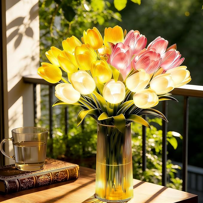 Radiant Romantic Tulip Light with Vase, 15 PCS Twinkling Tree Tulips LED Night Light Long-Lasting Brightness, Flower Shaped Ambient Night Lamp for Bedroom Bedside Decor & Gift (red)