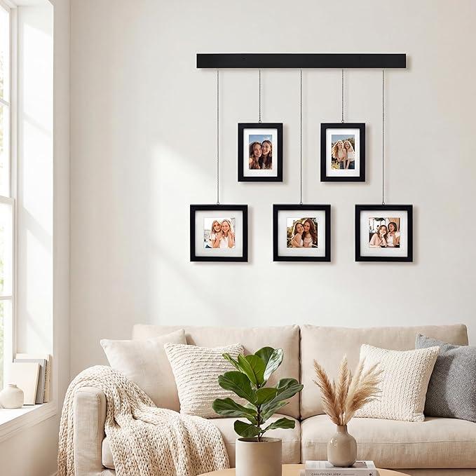 Solid Wood Collage Picture Frame Set of 5, Black Gallery Wall Hanging Frames with Adjustable Metal Chains, Displays Two 5x7 and Three 7x7 Photos,Ideal for Living Room, Hallway and Home Decor
