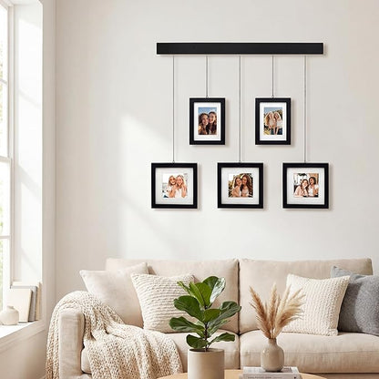 Solid Wood Collage Picture Frame Set of 5, Black Gallery Wall Hanging Frames with Adjustable Metal Chains, Displays Two 5x7 and Three 7x7 Photos,Ideal for Living Room, Hallway and Home Decor