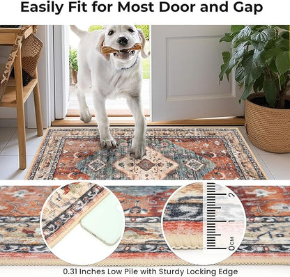 KOZYFLY Runners for Hallways 2.6x8 Ft Washable Kitchen Runner Rug Boho Runner Rug for Entryway Indoor Rust/Orange/Blue Printed Oriental Faux Wool Floor Carpet Runner for Bedroom Kitchen Hall