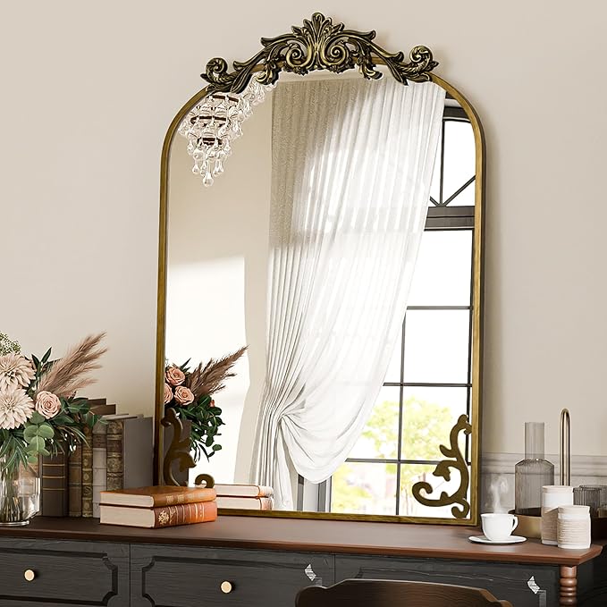 Koonmi Vintage Mirror, 30x40 Antique Decorative Mirrors with Flower Head, Bronze Ornate Mirror for Wall, Tempered Glass, Baroque Mirrors for Bathroom Living Room Fireplace Entryway