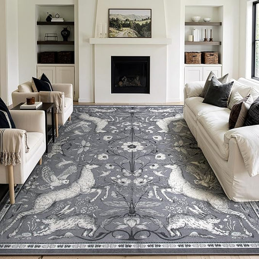 Lahome 8x10 Washable Deer Rug, Dorval Boho Woodland Vintage Area Rug, Non Slip Low Pile Large Grey Carpet for Living Room Bedroom Dining Room Kitchen Nursery Farmhouse Decor