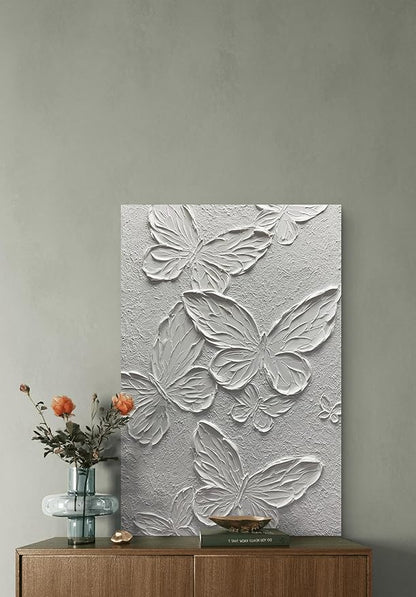 Boiee Art,24x36Inch Hand-Painted Textured Butterfly Vertical Wall Art Abstract Pure White Oil Paintings Modern Contemporary Wall Art Framed Ready to Hang for Home Decorations