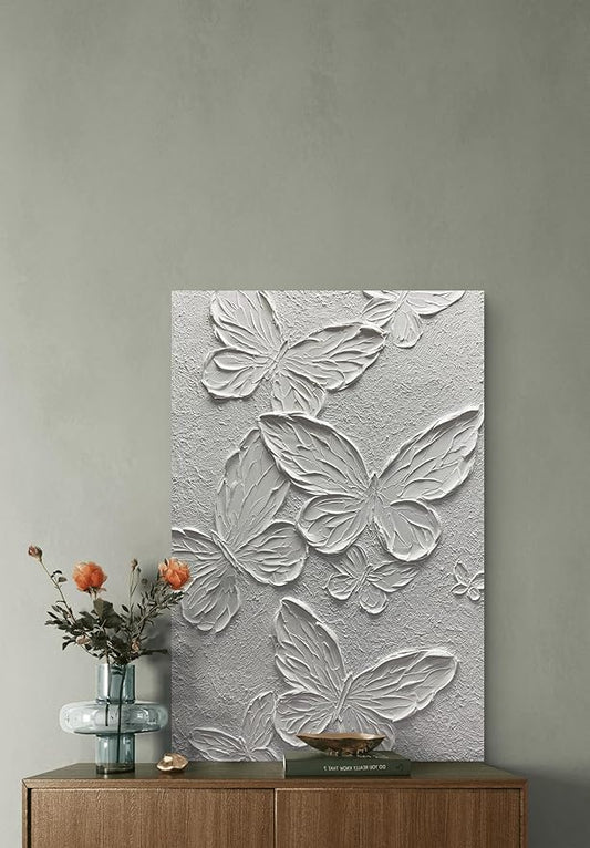 Boiee Art,24x36Inch Hand-Painted Textured Butterfly Vertical Wall Art Abstract Pure White Oil Paintings Modern Contemporary Wall Art Framed Ready to Hang for Home Decorations