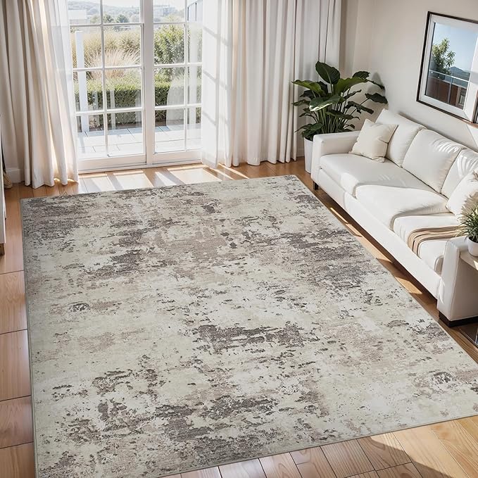 ROYHOME Modern Abstract Area Rug 8x10 Non Slip Non Shedding Rug Low Pile Stain Resistant for Bedroom Living Room,Brown Grey