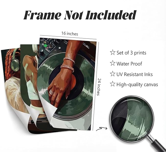 3pcs Trendy Black Girly Dj Canvas Wall Art Fashion African American Black Women Posters Prints Paintings Muisc Record Wall Decor Pictures for Bedroom Living Room Decoration Unframed