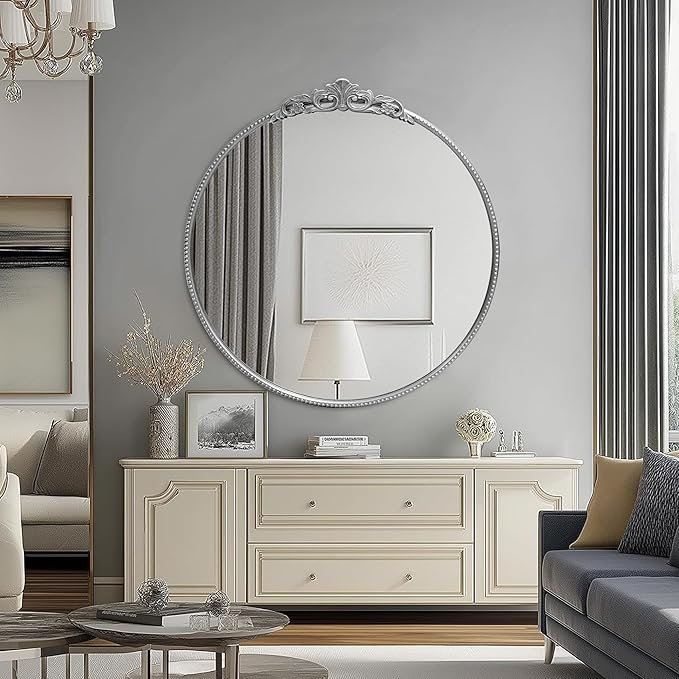 30'' Antique Silver Round Wall Mirror with Metal Flower Carving Frame, Small Vintage Retro Baroque Mirror Ornate, Vanity Mirror for Bathroom, Fireplace,Entryway, Living Room