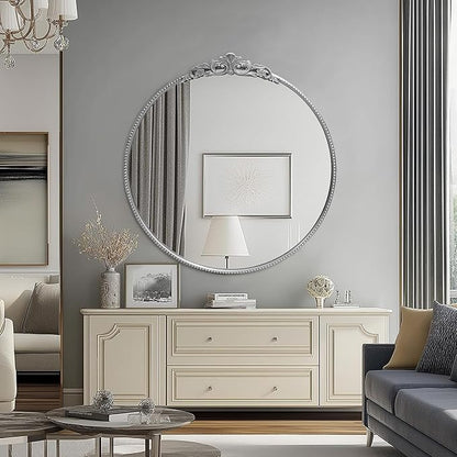 30'' Antique Silver Round Wall Mirror with Metal Flower Carving Frame, Small Vintage Retro Baroque Mirror Ornate, Vanity Mirror for Bathroom, Fireplace,Entryway, Living Room