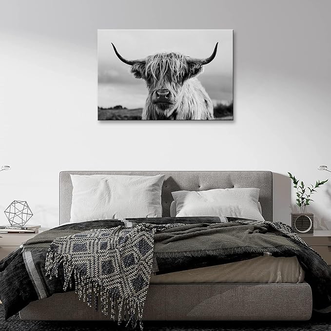 Highland Cow Wall Art Canvas Print Black and White Animal Canvas Picture Framed Art Wall Decor for Bedroom Bathroom (24x36 inch)