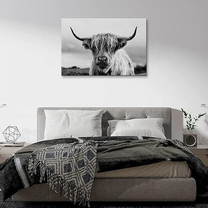 Highland Cow Wall Art Canvas Print Black and White Animal Canvas Picture Framed Art Wall Decor for Bedroom Bathroom (24x36 inch)