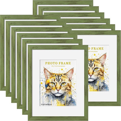 Picrit 11x14 Picture Frame Set of 12, Display 8x10 with Mat or 11x14 without Mat, Photo Frames for Wall Mounting or Table Top Display, Green Wood Grain