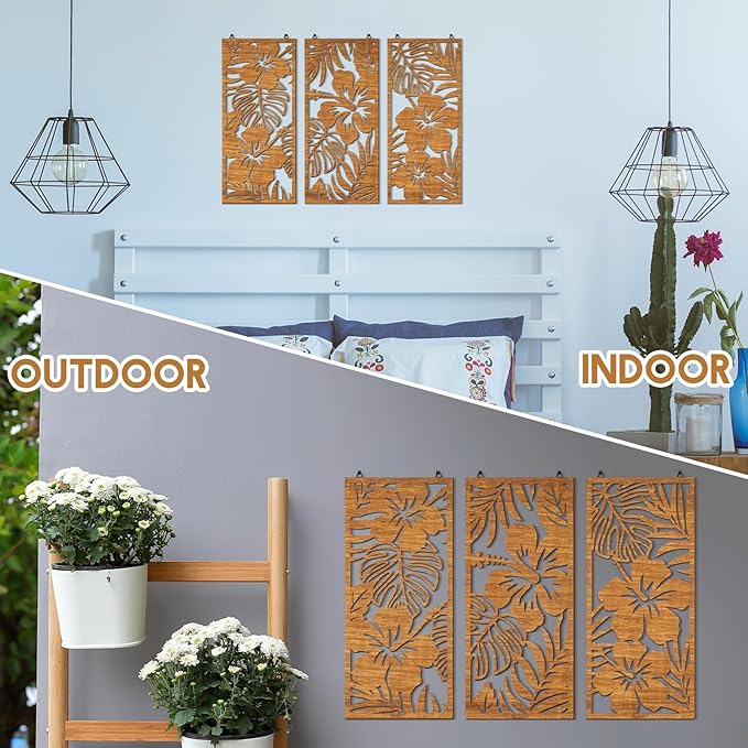 Threehoney 3 Pcs Tropical Wall Decor 3d Wooden Palm Leaf Wall Art Monstera Sculptures Wood Hibiscus Flowers Hanging Decor Vintage Plant Plaque for Home Bathroom 7.09 x 15.75 Inch(Classic Style)