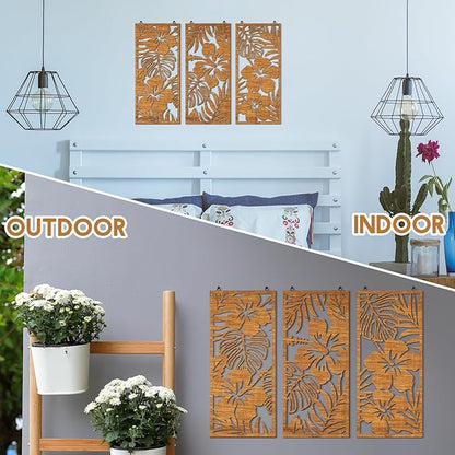 Threehoney 3 Pcs Tropical Wall Decor 3d Wooden Palm Leaf Wall Art Monstera Sculptures Wood Hibiscus Flowers Hanging Decor Vintage Plant Plaque for Home Bathroom 7.09 x 15.75 Inch(Classic Style)