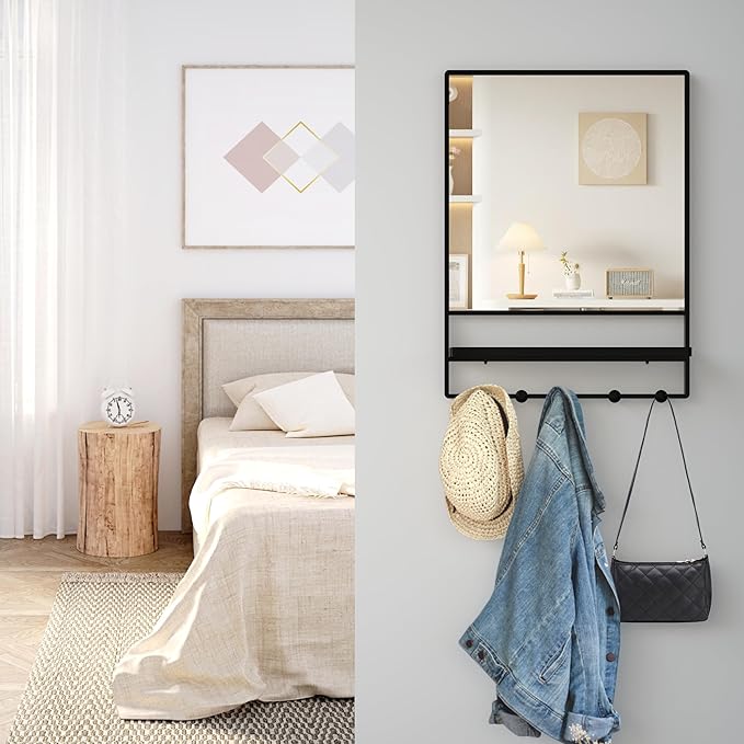 Wall Mirror with Shelf and Hooks,Vanity Mirror with Hooks, 21 X 28 inch Metal Framed Bathroom Mirror with Shelf for Bathroom, Entryway, Bedroom, Living Room (Black, 21" x 28")