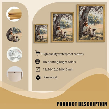 Wood Framed Canvas Wall Art, Vintage Boy and Dog Painting Poster, Countryside Pastoral Landscape Print Picture, Rustic Farmhouse Wall Decor for Living Room Bedroom Nursery 8x10 inch
