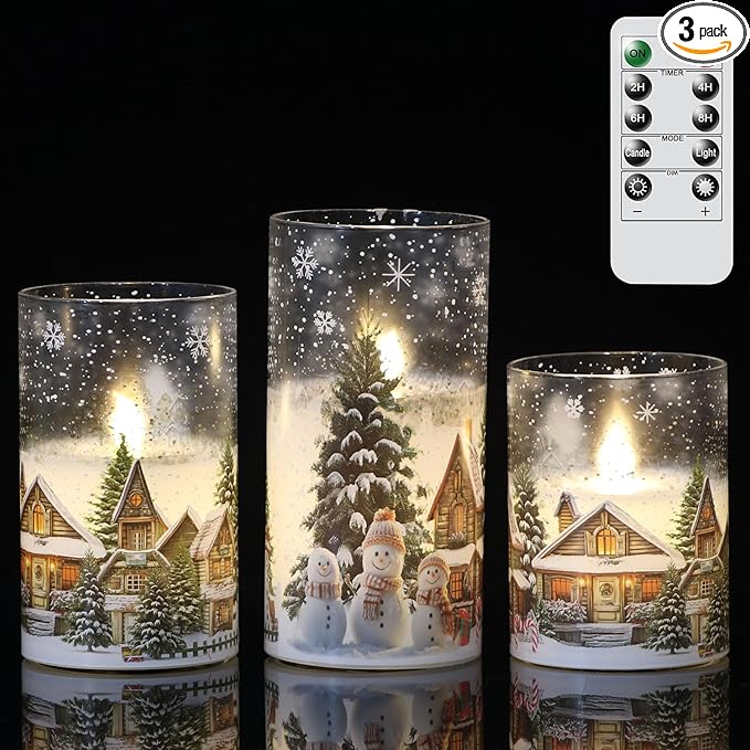 Snowman House Glass Flameless Candles Battery Operated with Remote and Timer Real Wax LED Flickering Pillar Candles Cold White Light Window Christmas Holiday Decor 3" D x 4", 5", 6" H