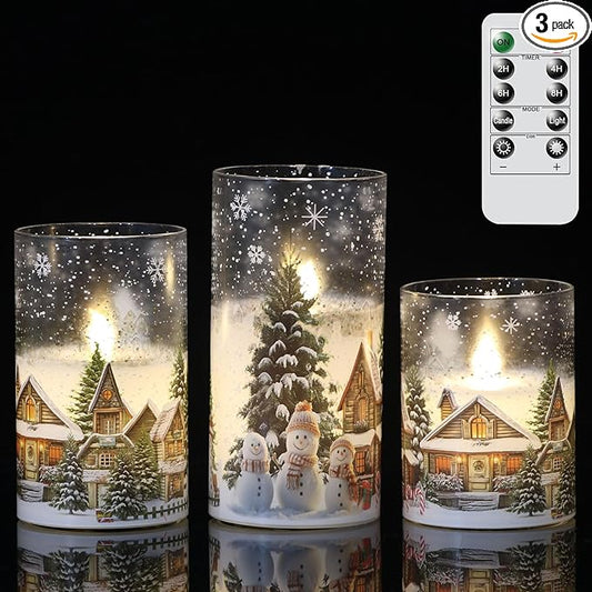 Snowman House Glass Flameless Candles Battery Operated with Remote and Timer Real Wax LED Flickering Pillar Candles Cold White Light Window Christmas Holiday Decor 3" D x 4", 5", 6" H