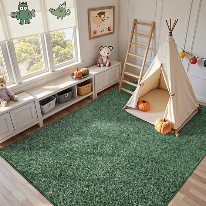 FinRèc Low Pile 6x9 Washable Area Rugs for Bedroom Living Room, Thin Rug Solid Color, Non-Slip Carpet Indoor for Home Decor (Green/White)
