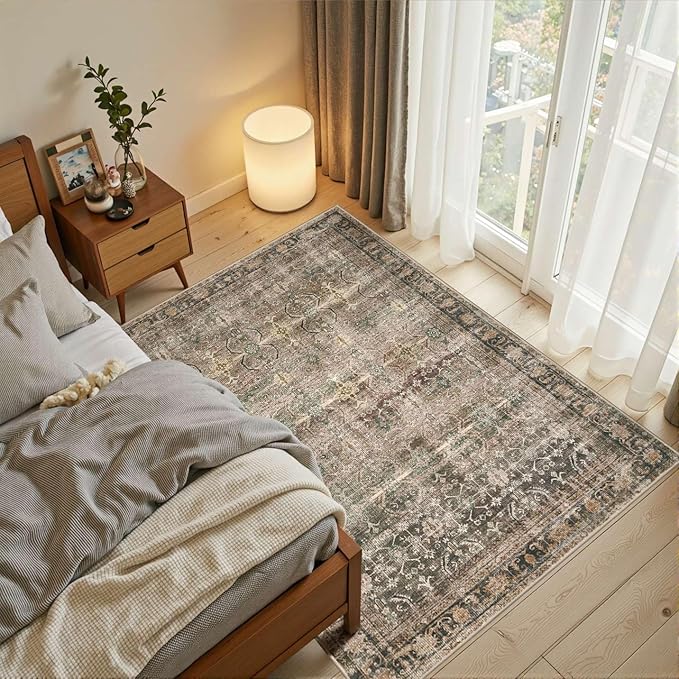 Rugxara 3x5 Rug for Entryway Bedroom, Brown 3x5 Washable Area Rug, Vintage Retro Boho Throw Rug, Non Slip & Low Pile Small Carpet for Indoor Entry, Kitchen, Bedside, Living Room, Bathroom and Dining