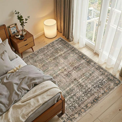 Rugxara 3x5 Rug for Entryway Bedroom, Brown 3x5 Washable Area Rug, Vintage Retro Boho Throw Rug, Non Slip & Low Pile Small Carpet for Indoor Entry, Kitchen, Bedside, Living Room, Bathroom and Dining
