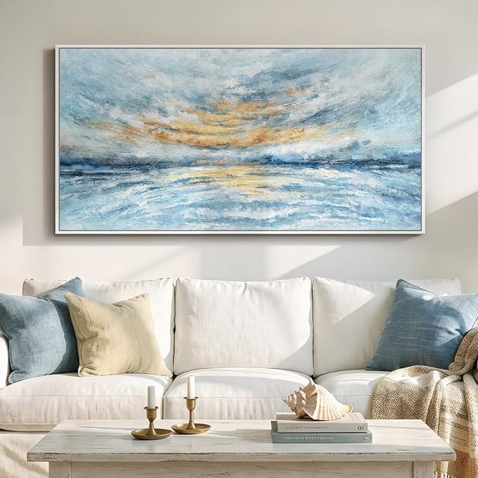 Extra Large Framed Blue Gold Abstract Wall Art for Living Room, Oversized Modern Horizontal Canvas Prints Paintings Artwork for Walls, Coastal Horizon Pictures for Bedroom Hallway Wall Decor 30x60 In