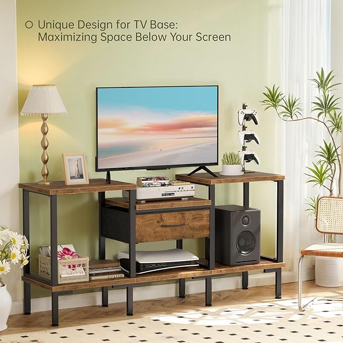 GYIIYUO LED TV Stand for 65 60 55 Inch TV, Entertainment Center with Power Outlet and Fabric Drawers, Industrial TV Console Table for Living Room Bedroom, 55" Rustic Brown