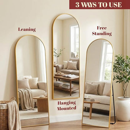 Suidia 56"x15" Arched Full Length Mirror with Stand, Full Body Mirror with Aluminum Frame, Freestanding/Leaning/Wall-Mounted, Floor Mirrors for Bedroom, Living Room, Entryway, Dressing Room, Gold