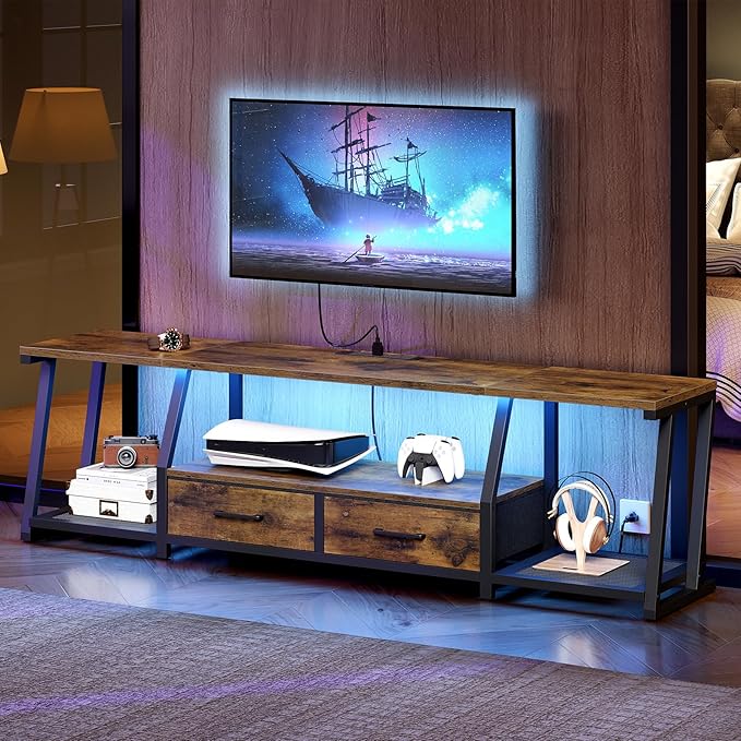 RALGEND LED TV Stand for 80 Inch TV, Entertainment Center with Open Shelves and Power Outlets, TV Console Table with Fabric Drawers, Media Console for Living Room, Bedroom, Rustic Brown and Black
