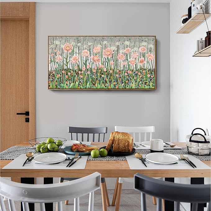 Large Framed Country Living Room Wall Art, Modern Pink And Green Wildflower Canvas Artwork, Natural And Idyllic Landscape Print Picture For Bedrooms, Dining Rooms, Offices, And Studies. 48X24 Inches.